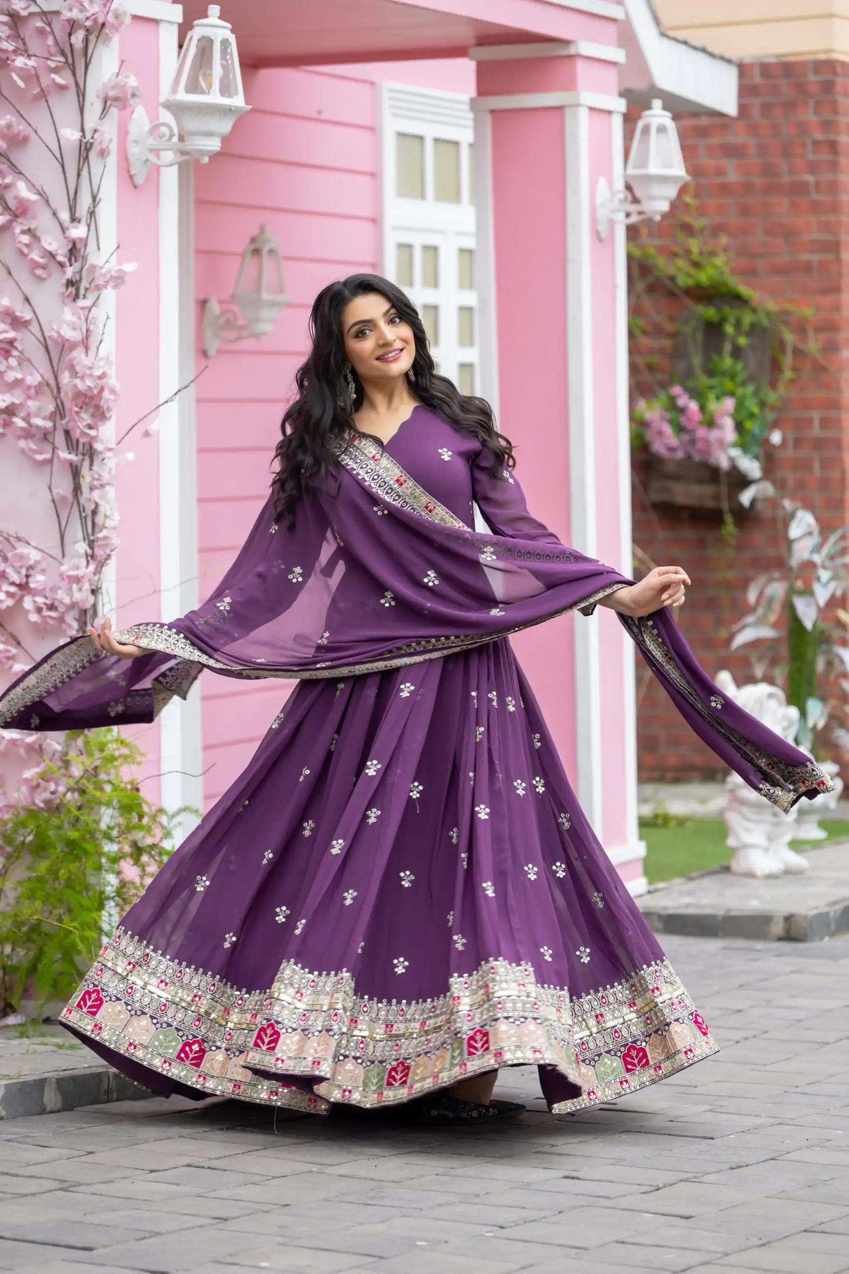 Purple Faux Georgette With Embroidery Sequence Work Anarkali Gown - Image 9