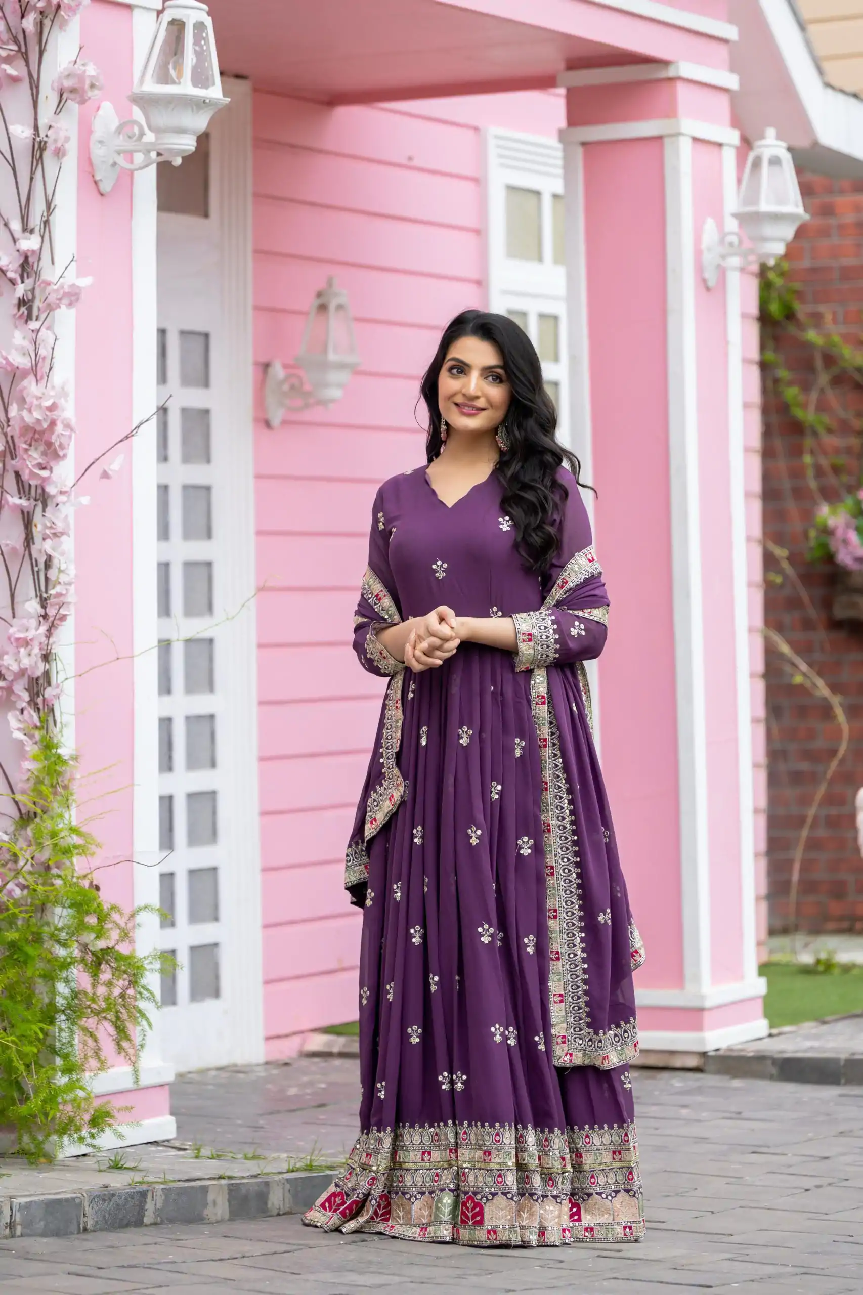 Purple Faux Georgette With Embroidery Sequence Work Anarkali Gown - Image 5