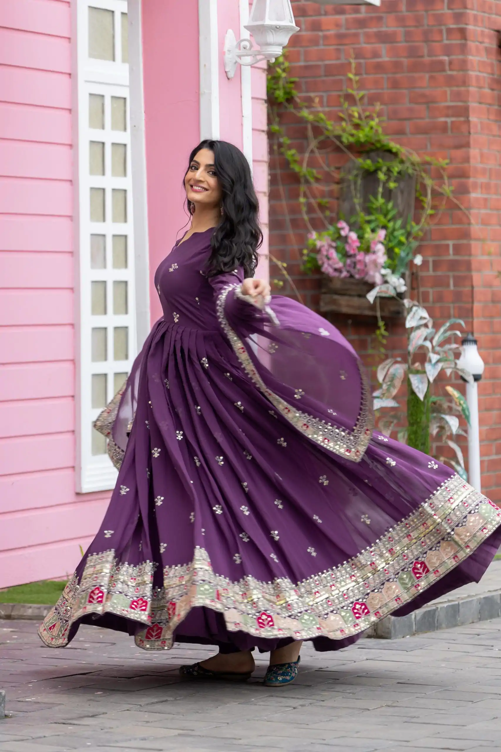 Purple Faux Georgette With Embroidery Sequence Work Anarkali Gown - Image 6