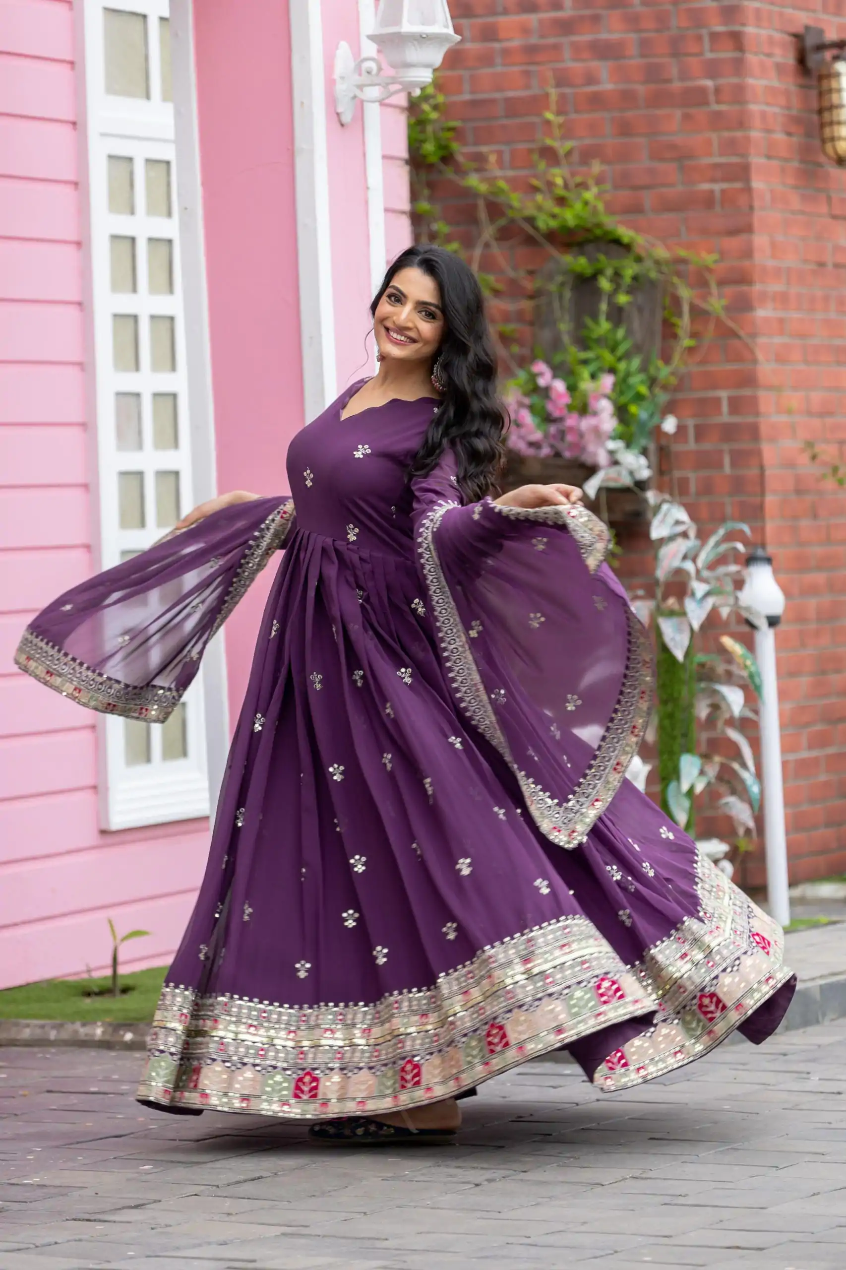 Purple Faux Georgette With Embroidery Sequence Work Anarkali Gown - Image 7