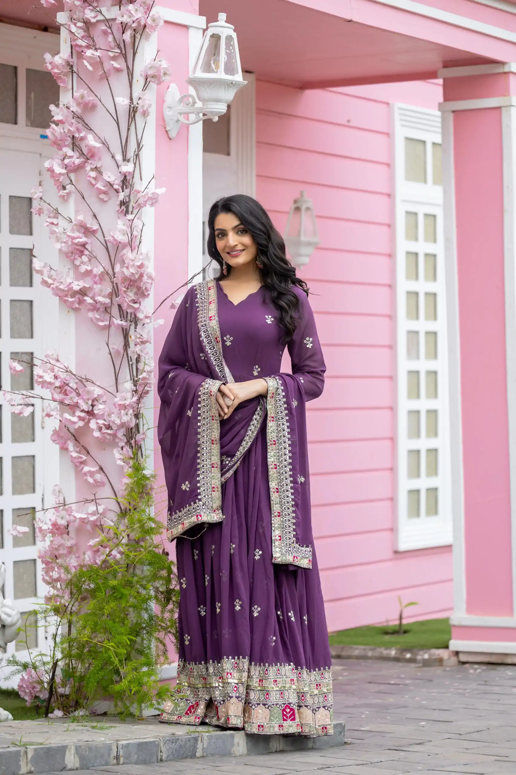 Purple Faux Georgette With Embroidery Sequence Work Anarkali Gown - Image 8