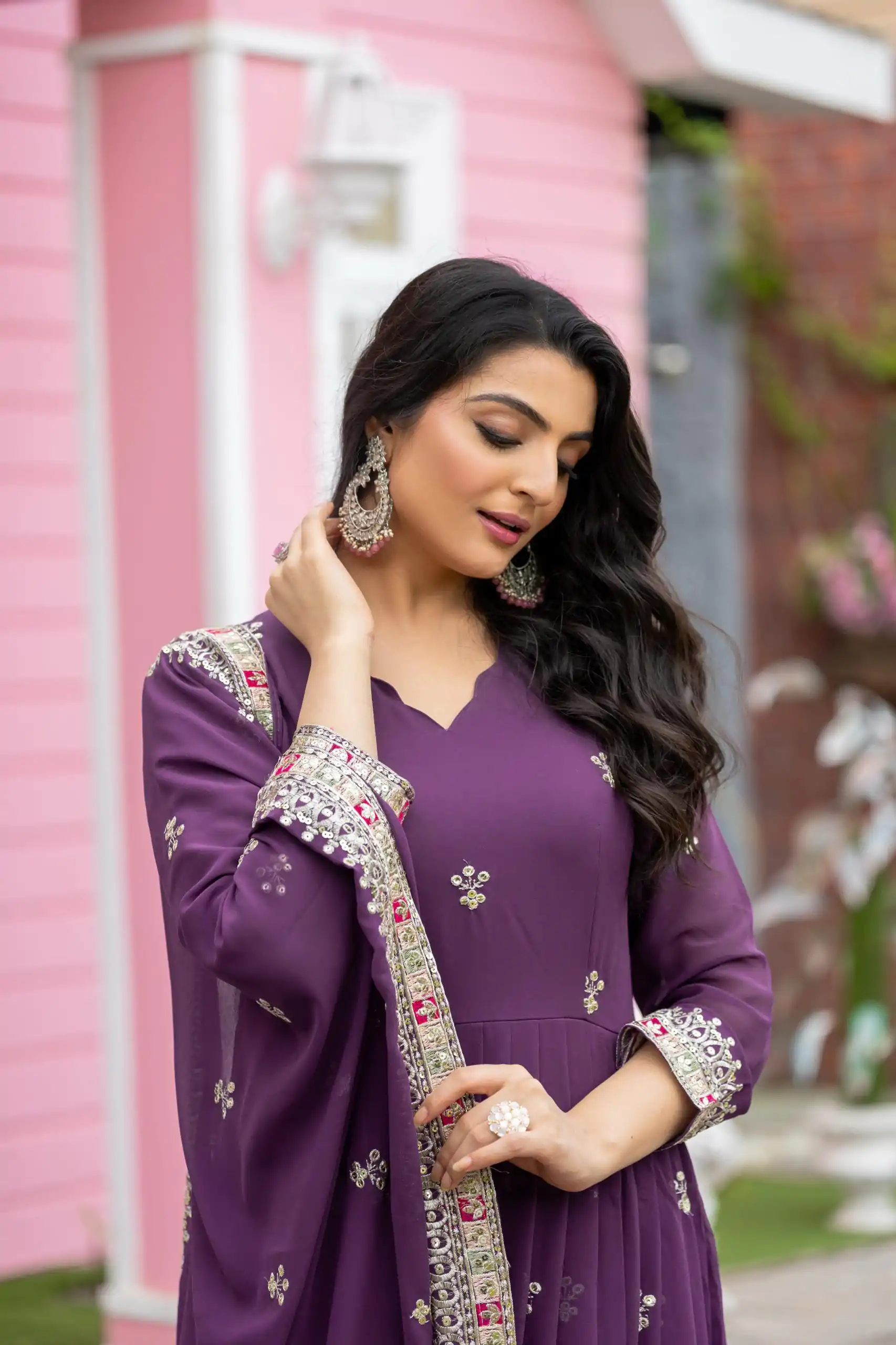 Purple Faux Georgette With Embroidery Sequence Work Anarkali Gown - Image 3