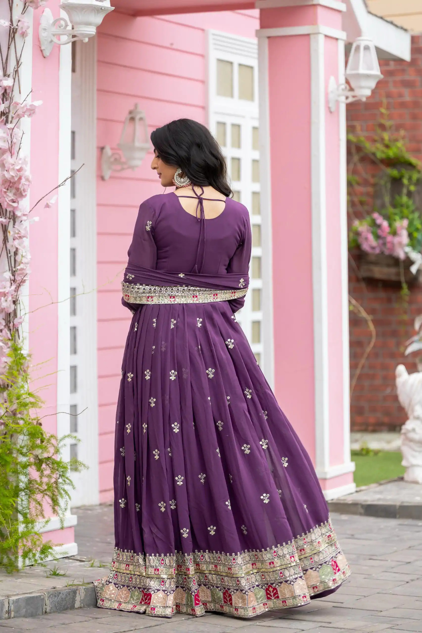 Purple Faux Georgette With Embroidery Sequence Work Anarkali Gown - Image 4