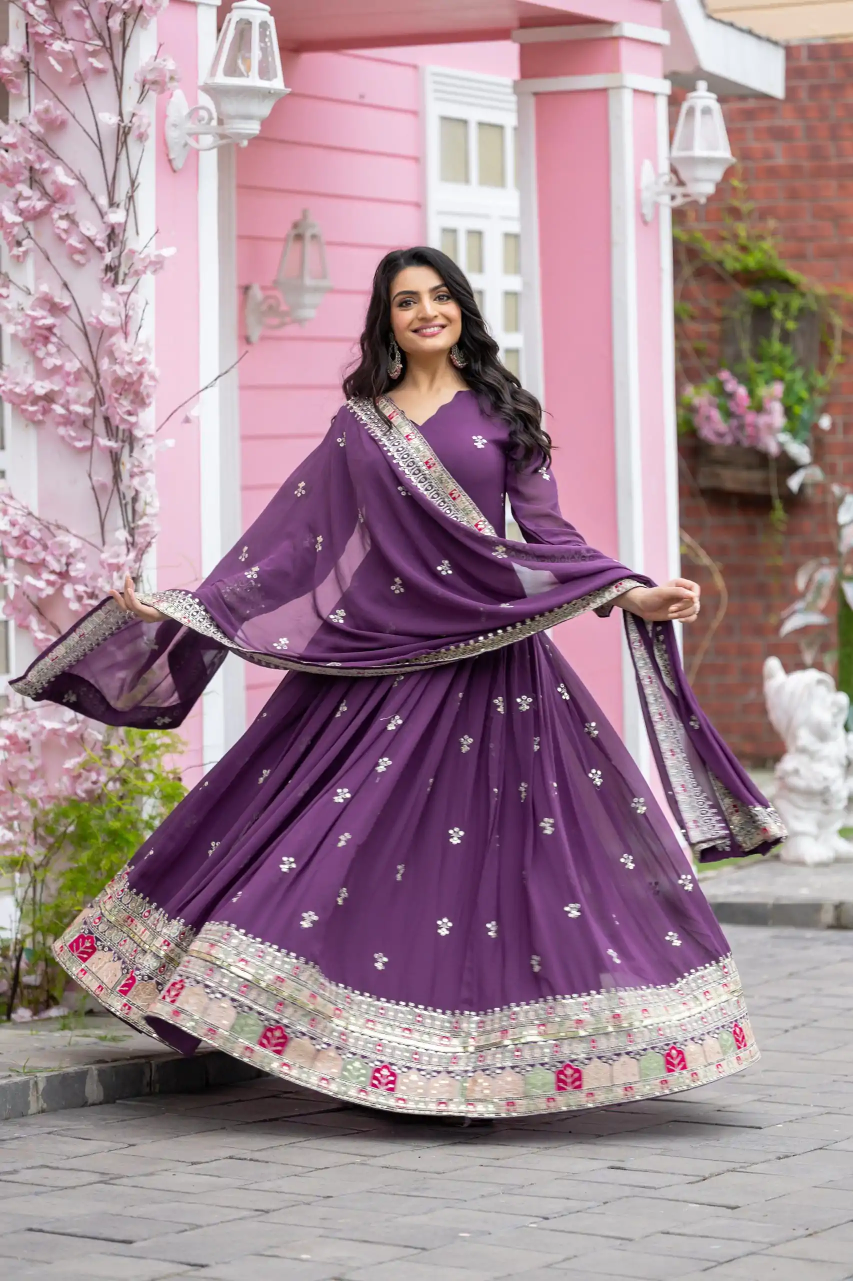 Exotic Purple Color Faux Georgette With Embroidery Sequence Work Anarkali Gown