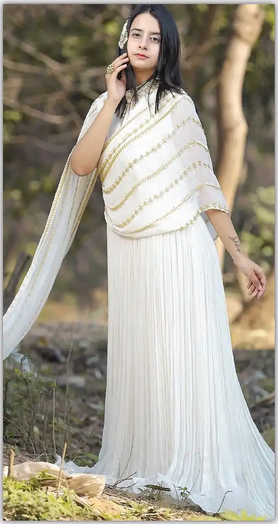 White Georgette Threadbare Sequin Work Anarkali Gown - Image 3