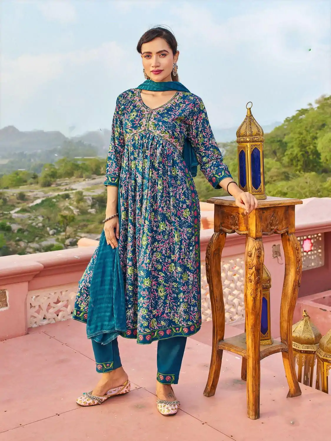Fantastic Blue Color Rayon Alia Cut With Embroidery Work Kurti