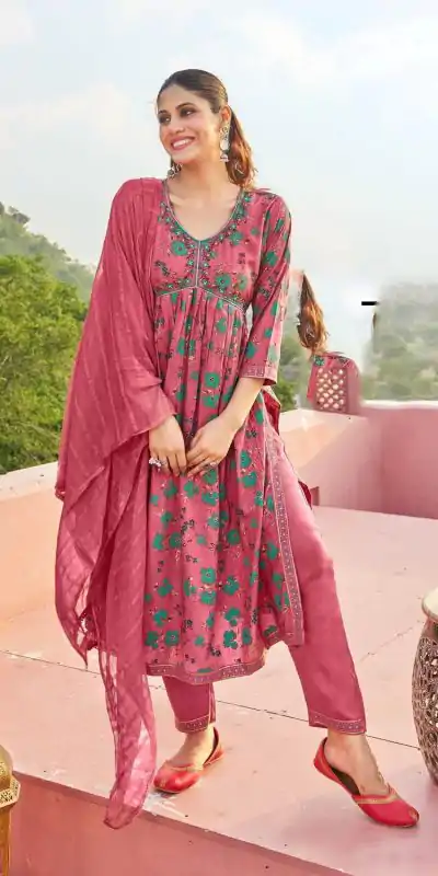 Fantastic Gajari Color Rayon Alia Cut With Embroidery Work Kurti