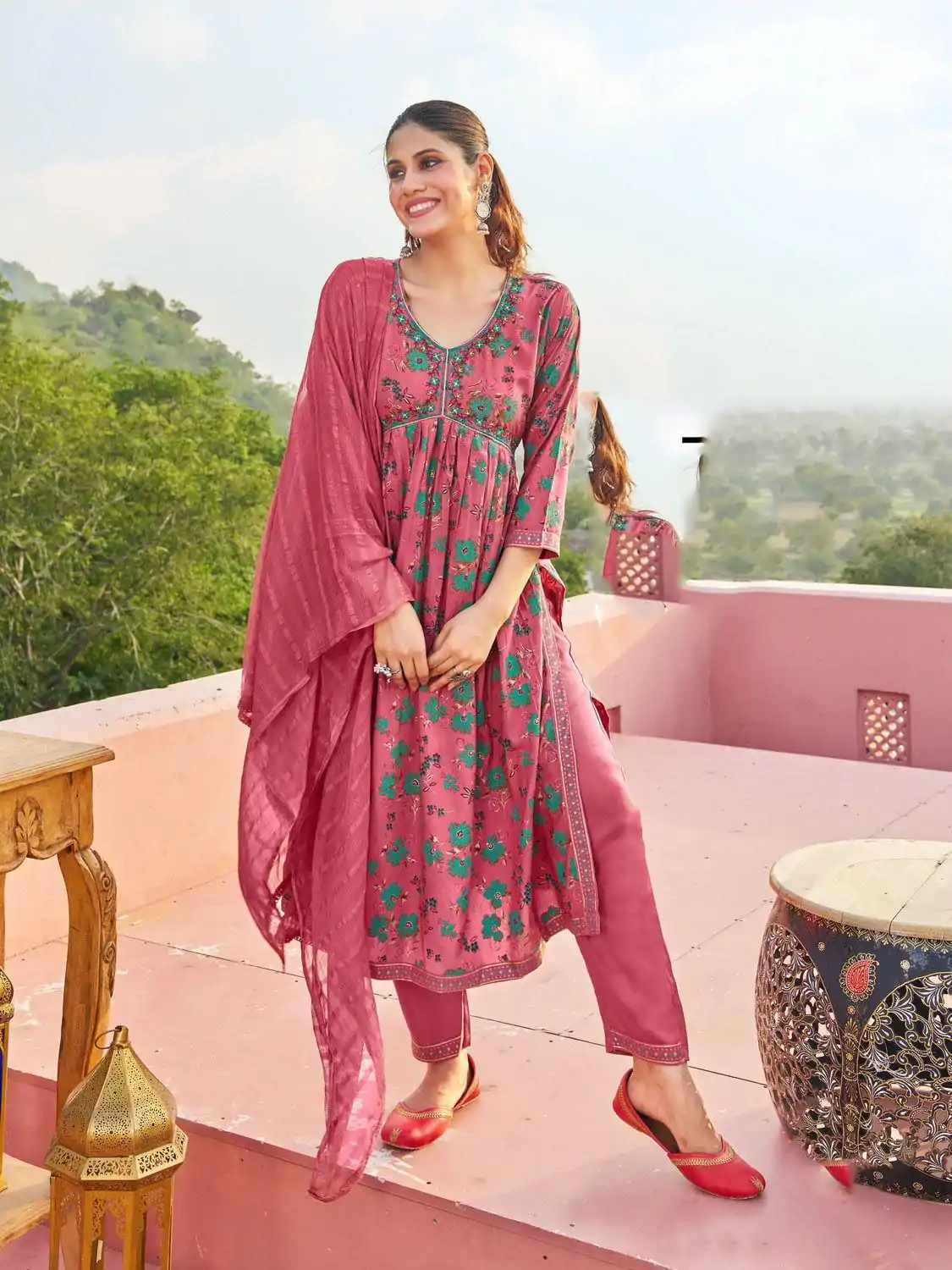 Fantastic Gajari Color Rayon Alia Cut With Embroidery Work Kurti
