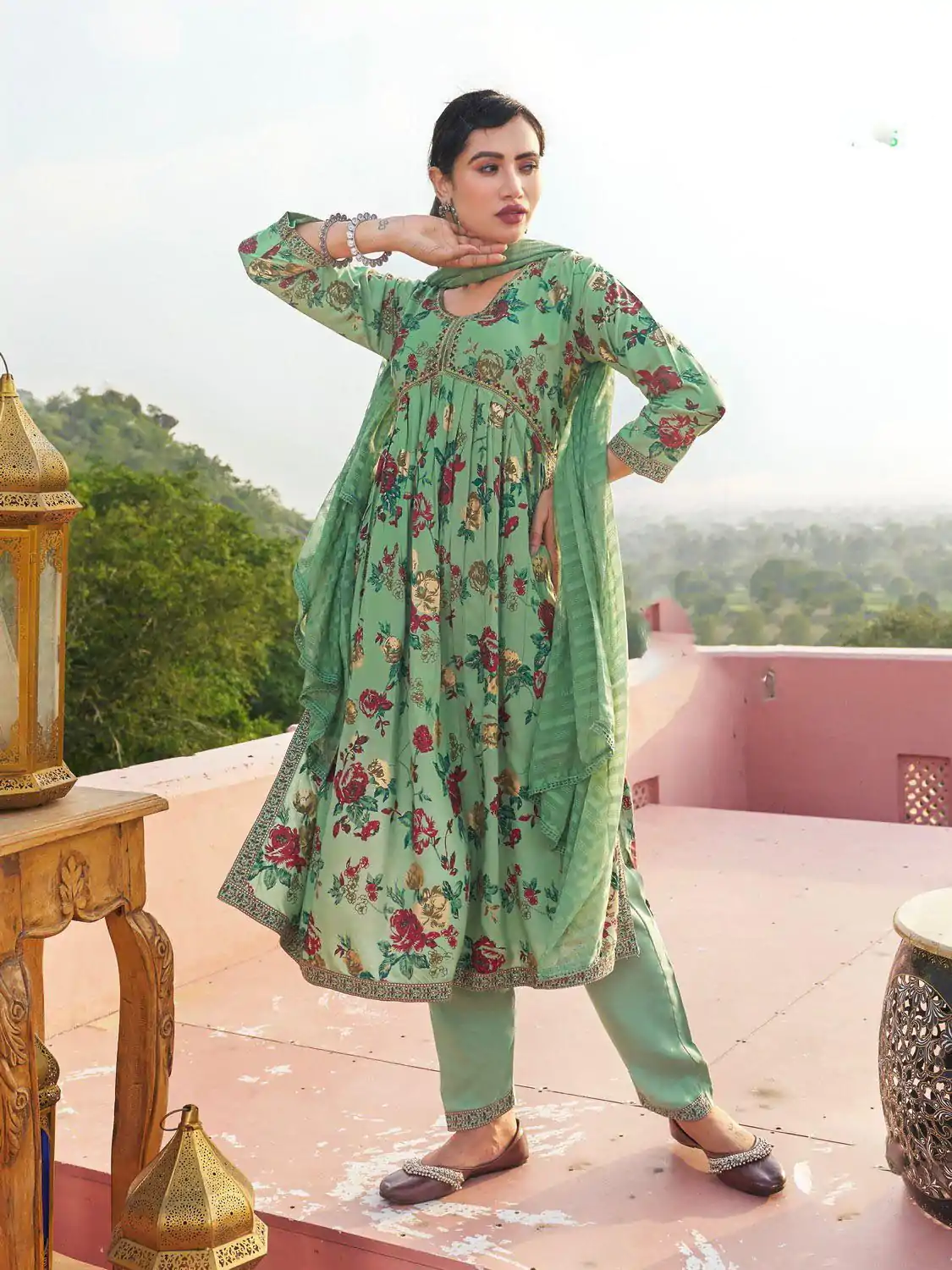 Fantastic Pista Green Color Rayon Alia Cut With Embroidery Work Kurti