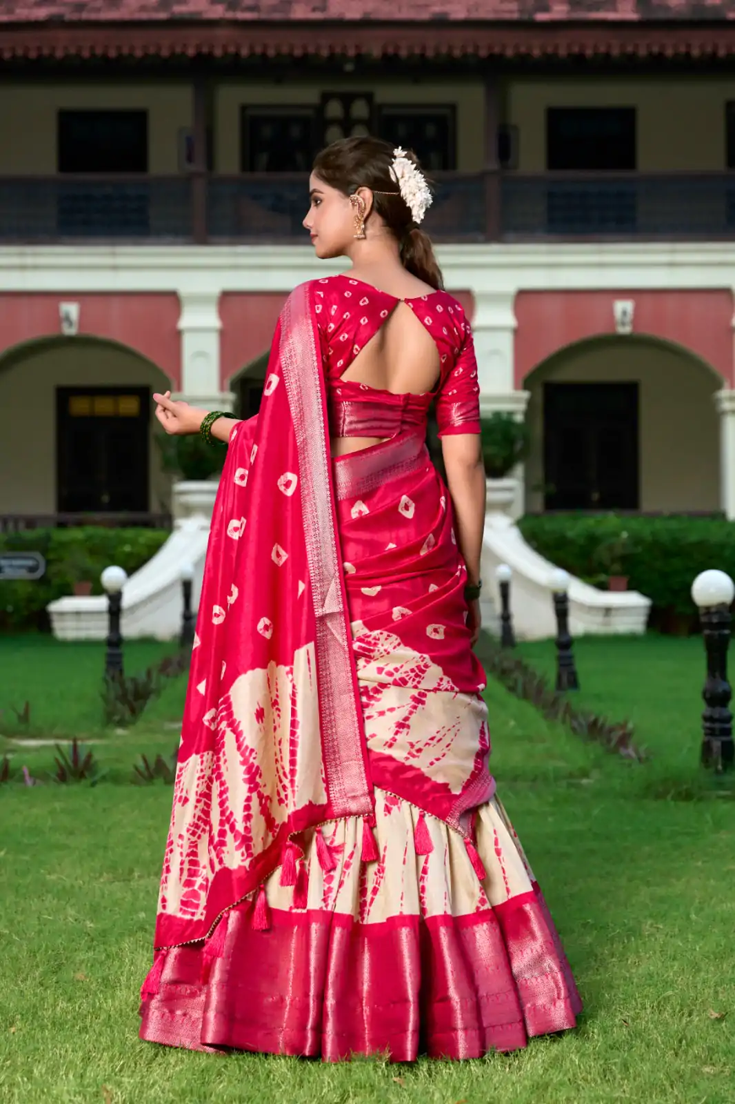 Red Dola Silk Shikora Print Zari Border Lehenga Choli - Image 3