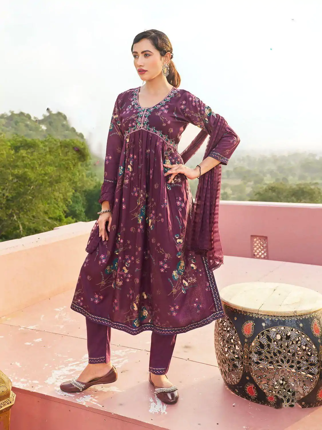Fantastic Wine Color Rayon Alia Cut With Embroidery Work Kurti