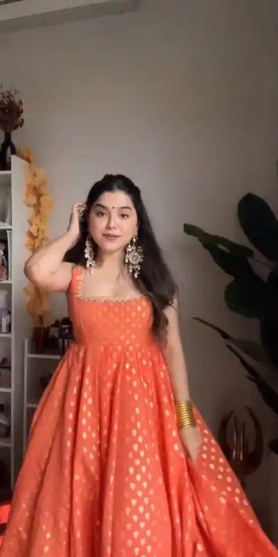 Glowing Orange Color Jacquard silk weaving with Lace border Anarkal Suit