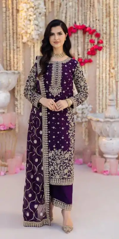 Glowing Violet Color Faux Georgette With Embroidery Sequence With Beads Work Salwar Suit