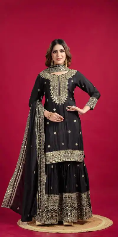 Graceful Black Color Chinnon Silk With Embroidery Work Sharara Suit