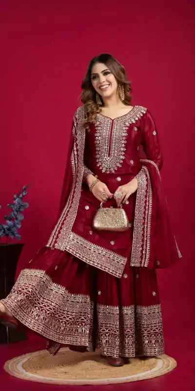 NSR-800 Marron Color Chinnon Silk With Embroidery Work Sharara Suit Wedding, Party, Festive, Events Etc.  Expected Delivery 4-6 Working Days @2149/- | Jump Suits, Salwar suit, Casual Suits, Creative suits, Designer Suits, Palazzo Suits, Party Wear Suits, Patiala Suits, Straight Suits