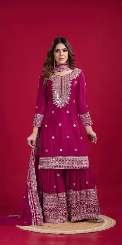 Graceful Pink Color Chinnon Silk With Embroidery Work Sharara Suit