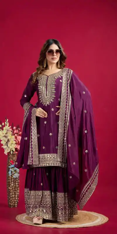 Graceful Purple Color Chinnon Silk With Embroidery Work Sharara Suit