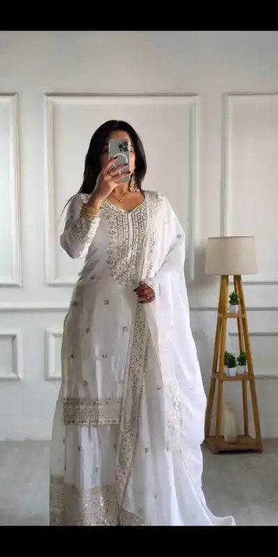Graceful White Color Chinnon Silk With Embroidery Work Sharara Suit