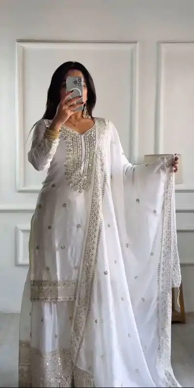 NSR-800 White Color Chinnon Silk With Embroidery Work Sharara Suit Wedding, Party, Festive, Events Etc.  Expected Delivery 4-6 Working Days @2149/- | Jump Suits, Salwar suit, Casual Suits, Creative suits, Designer Suits, Palazzo Suits, Party Wear Suits, Patiala Suits, Straight Suits