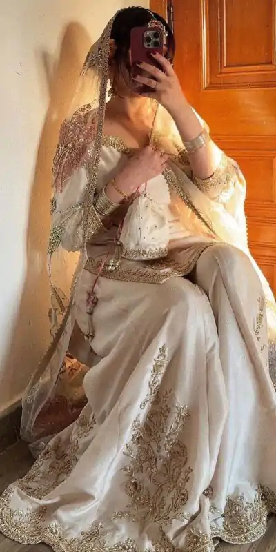 Graceful White Color Chinnon Silk With Embroidery Work Sharara Suit