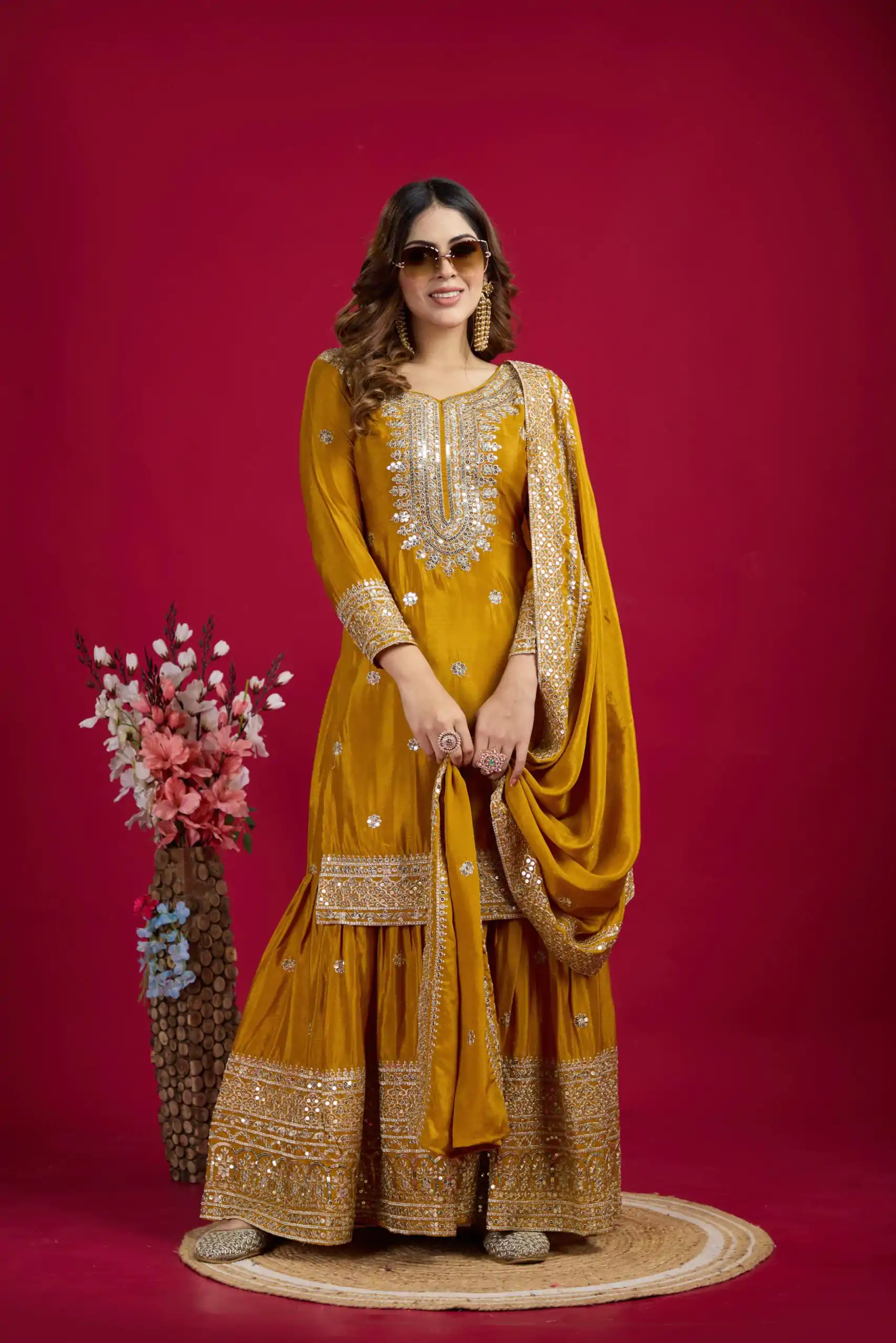 NSR-800 Yellow Color Chinnon Silk With Embroidery Work Sharara Suit Wedding, Party, Festive, Events Etc.  Expected Delivery 4-6 Working Days @2149/- | Jump Suits, Salwar suit, Casual Suits, Creative suits, Designer Suits, Palazzo Suits, Party Wear Suits, Patiala Suits, Straight Suits