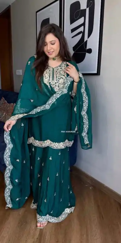 Magical Dark green Color Pure Chinnon Silk With Embroidery Sequence Work Salwar Suit