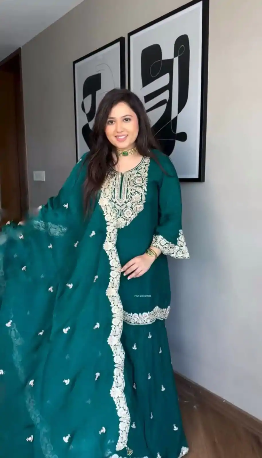 Dark green Chinnon Silk With Embroidery Sequence Work Salwar Suit - Image 2