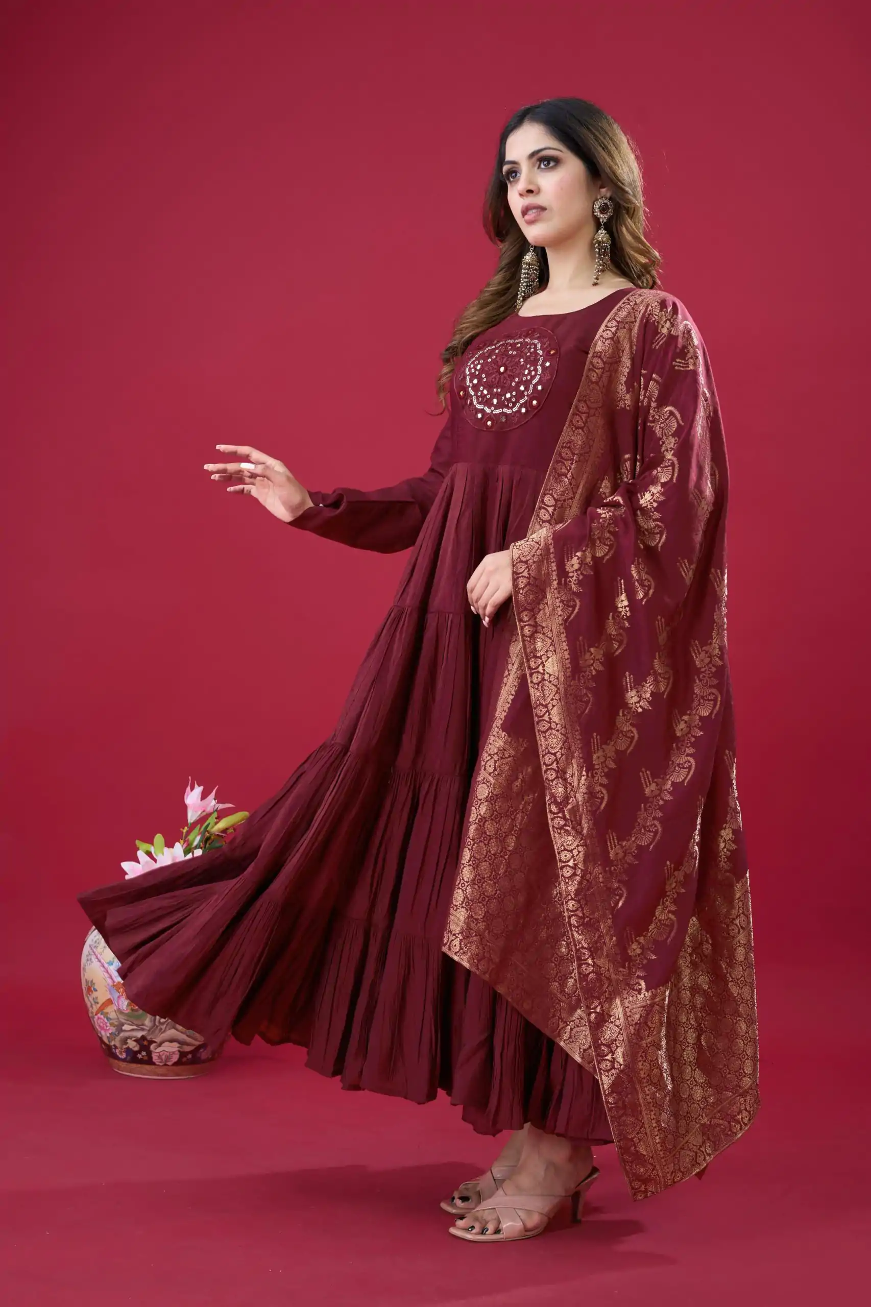 Maroon Roman Silk With Embroidery Sequence Work Anarkali Gown - Image 6