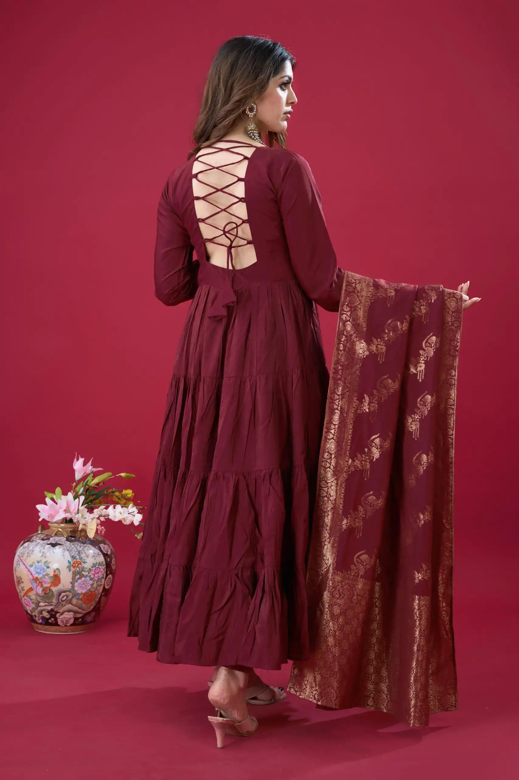 Maroon Roman Silk With Embroidery Sequence Work Anarkali Gown - Image 7