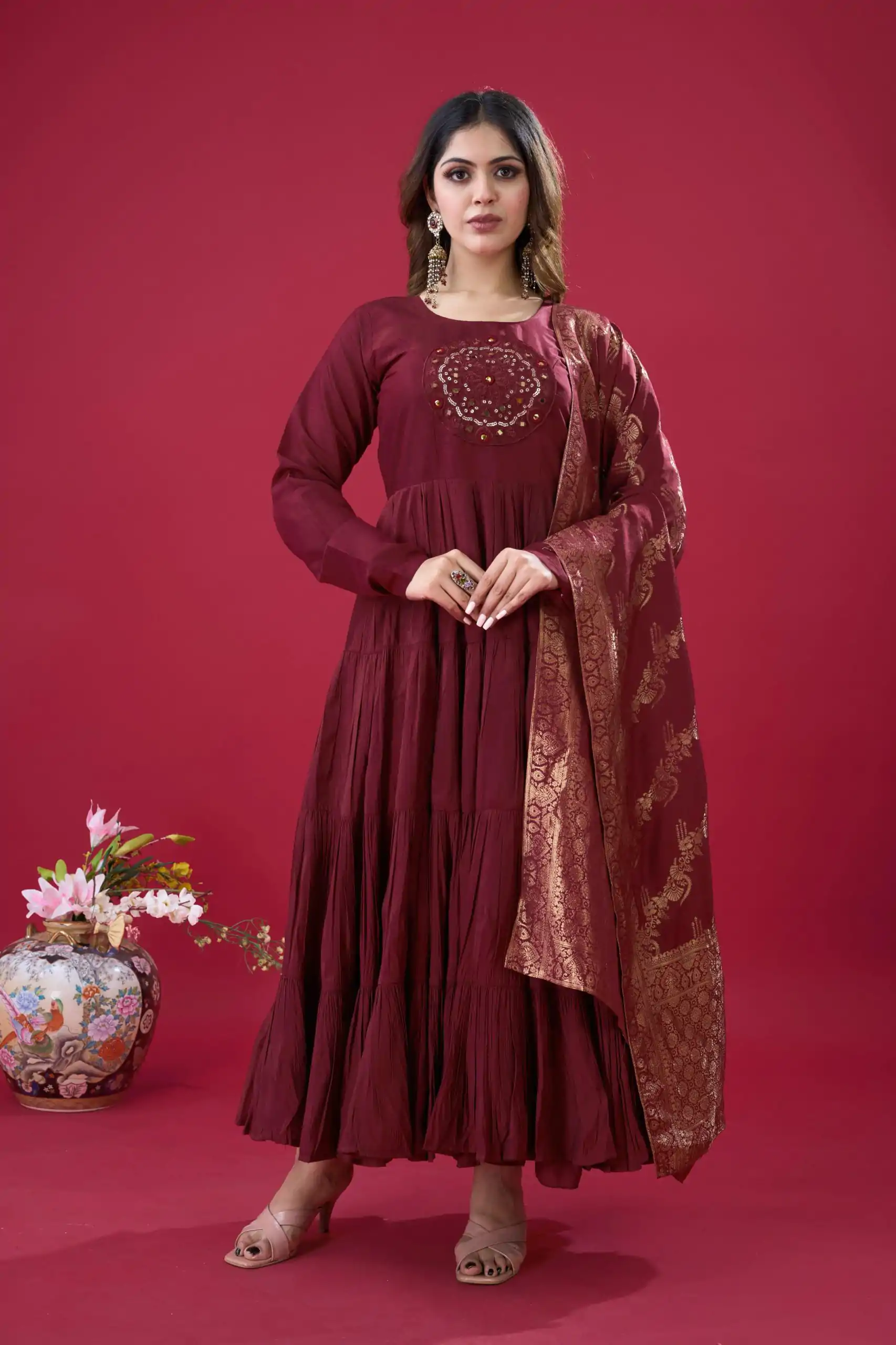 Maroon Roman Silk With Embroidery Sequence Work Anarkali Gown - Image 8