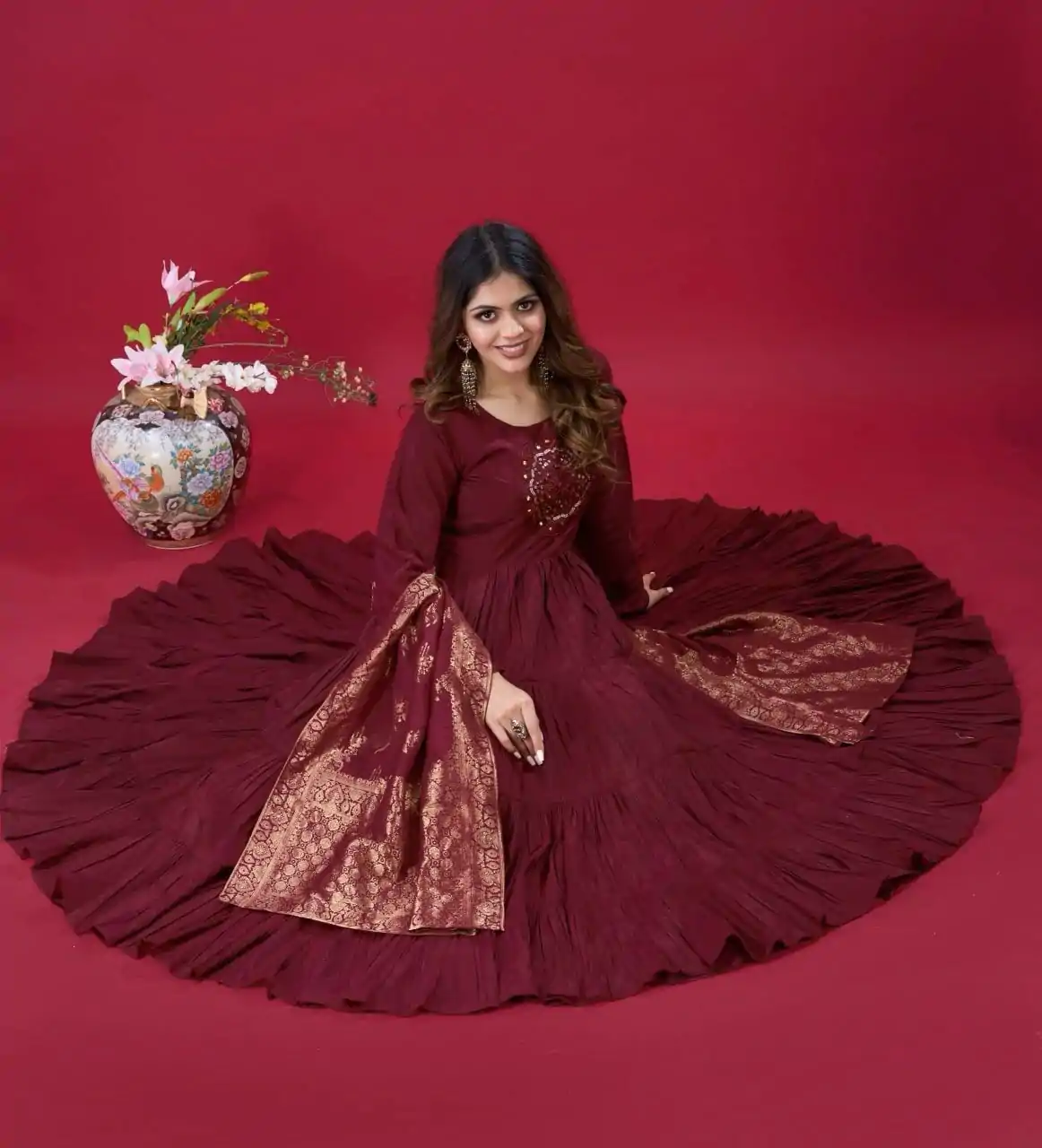 Maroon Roman Silk With Embroidery Sequence Work Anarkali Gown - Image 3