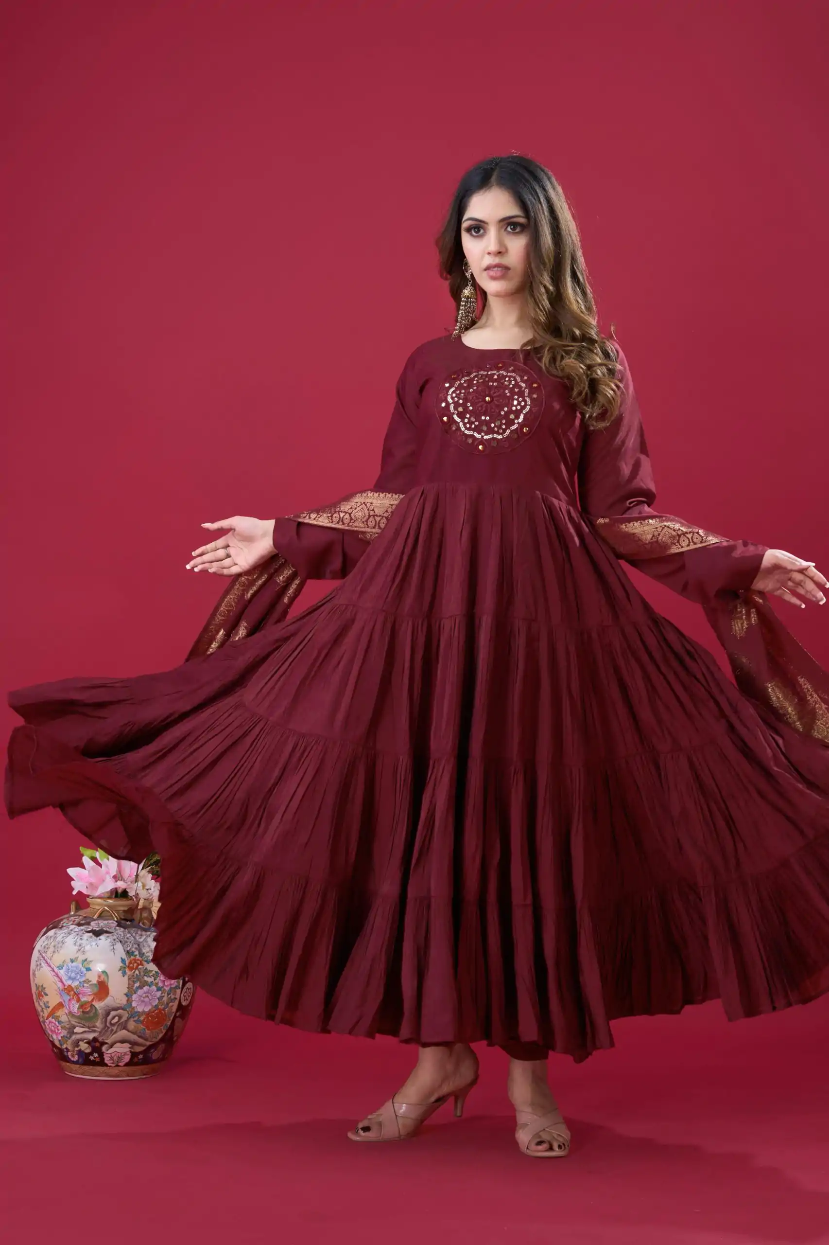 Maroon Roman Silk With Embroidery Sequence Work Anarkali Gown - Image 4