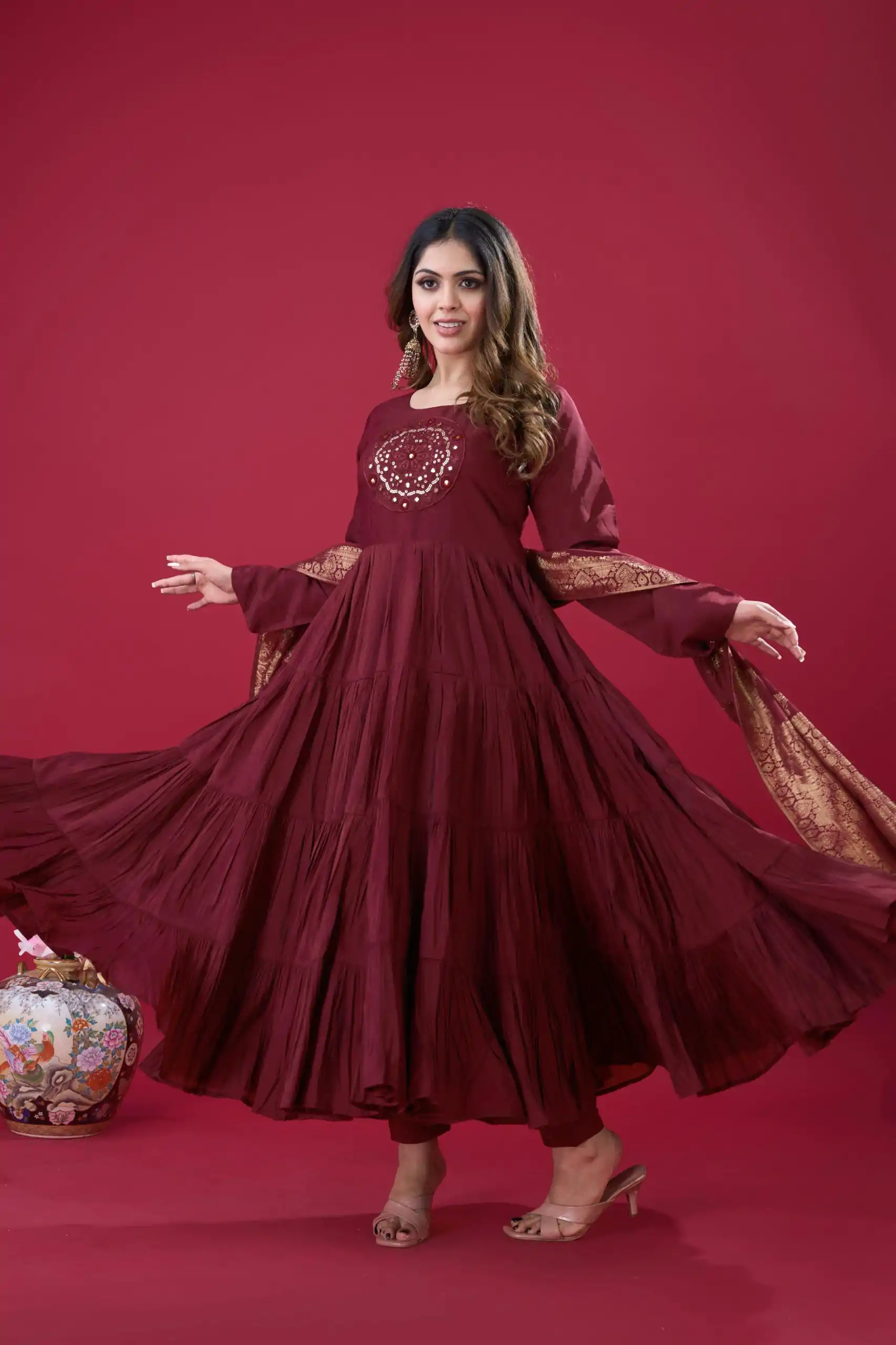 Maroon Roman Silk With Embroidery Sequence Work Anarkali Gown - Image 5