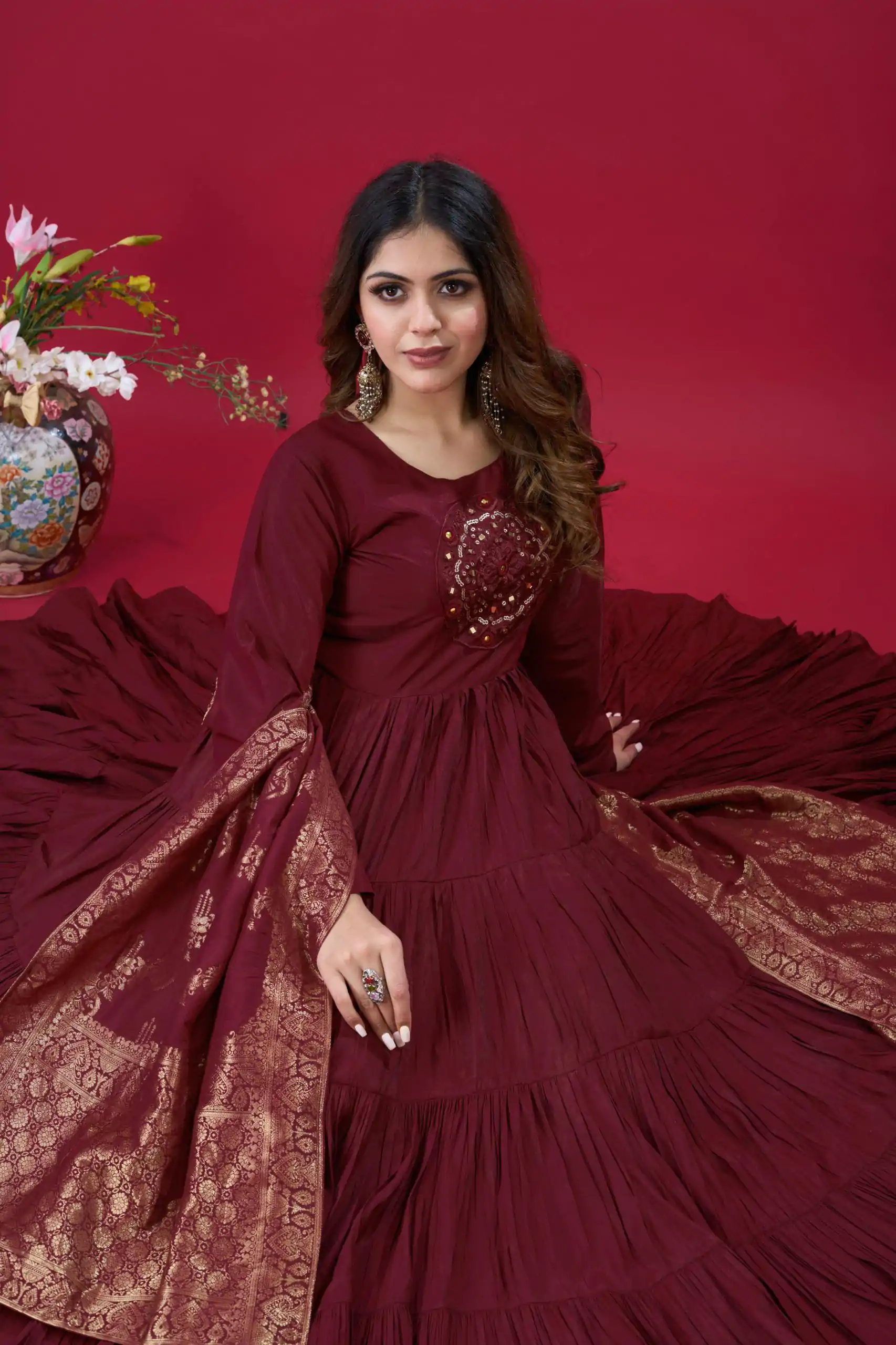 Maroon Roman Silk With Embroidery Sequence Work Anarkali Gown - Image 2
