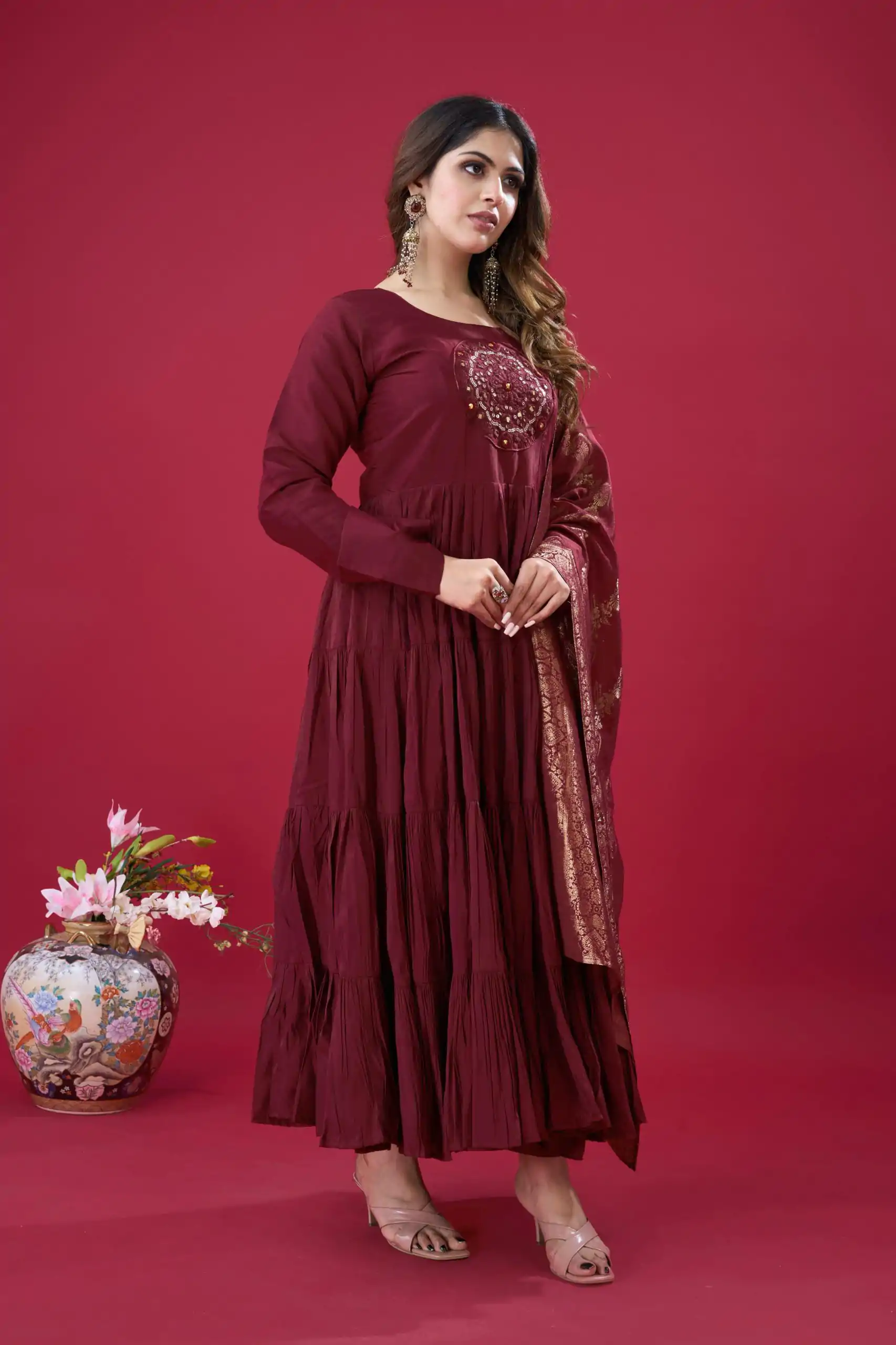 Magical Maroon Color Roman Silk With Embroidery Sequence Work Anarkali Gown