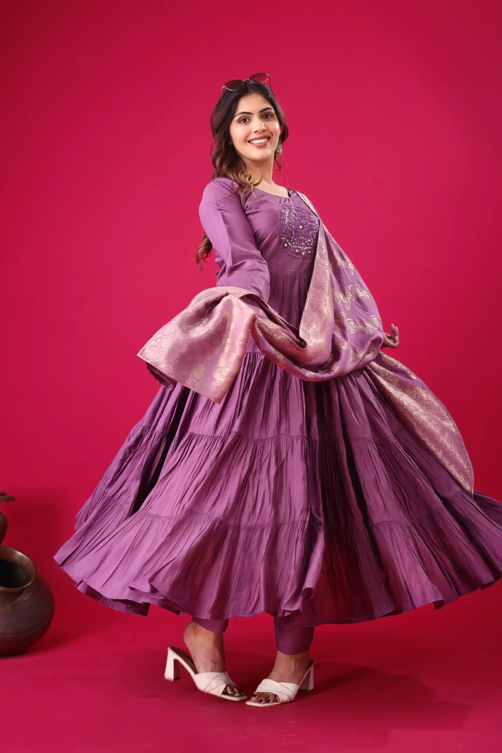 Purple Roman Silk With Embroidery Sequence Work Anarkali Gown - Image 3