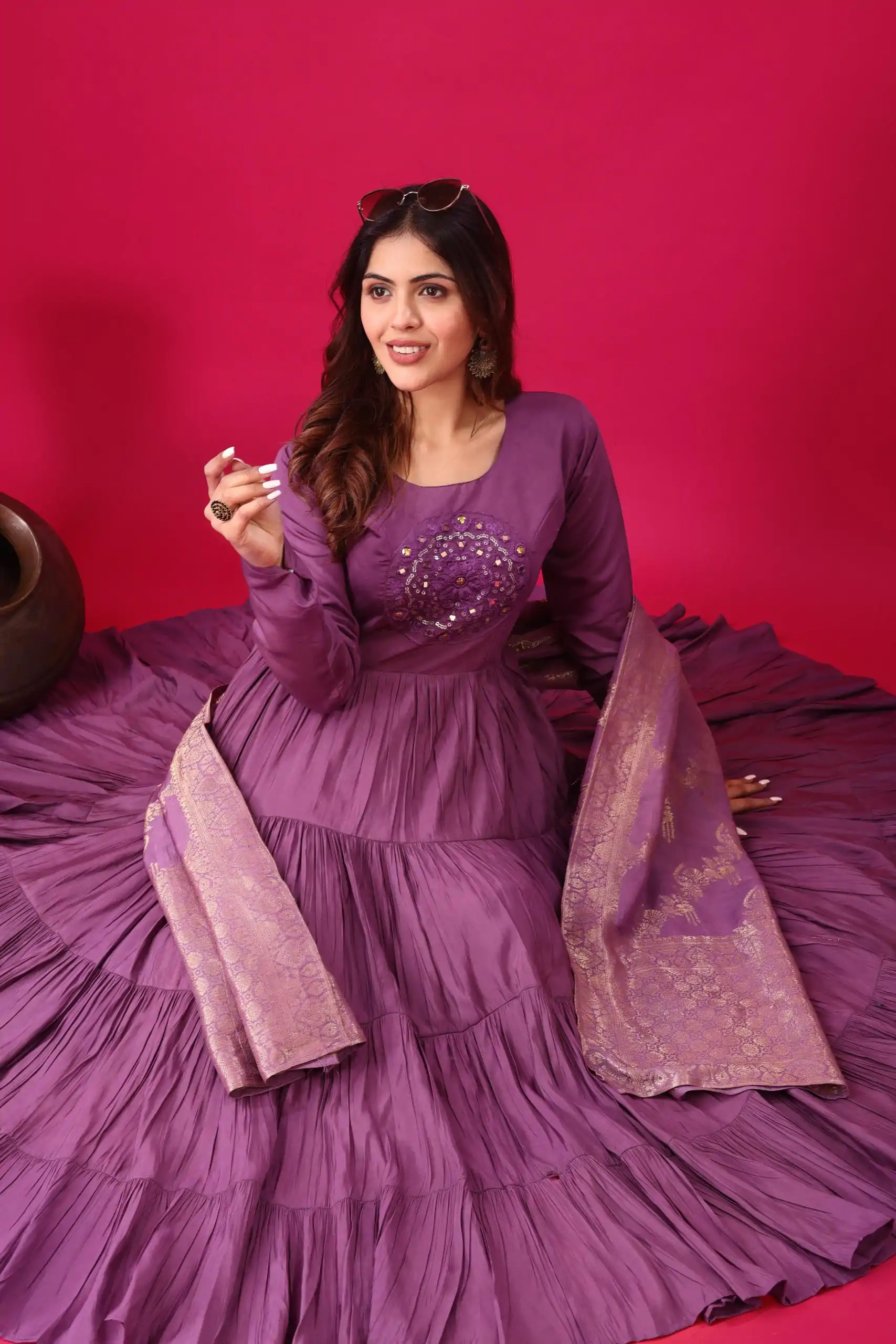 Purple Roman Silk With Embroidery Sequence Work Anarkali Gown - Image 4