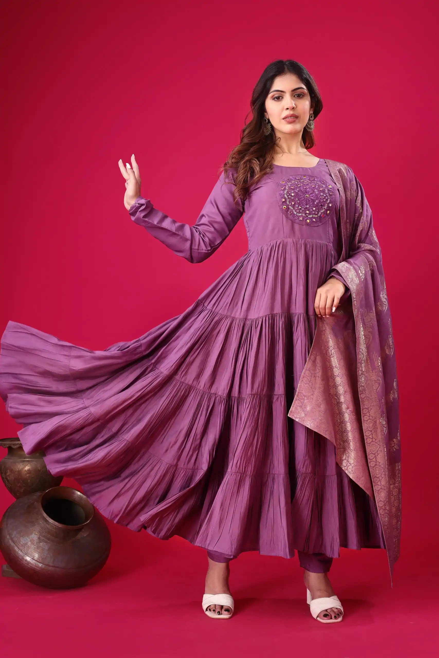 Purple Roman Silk With Embroidery Sequence Work Anarkali Gown - Image 5