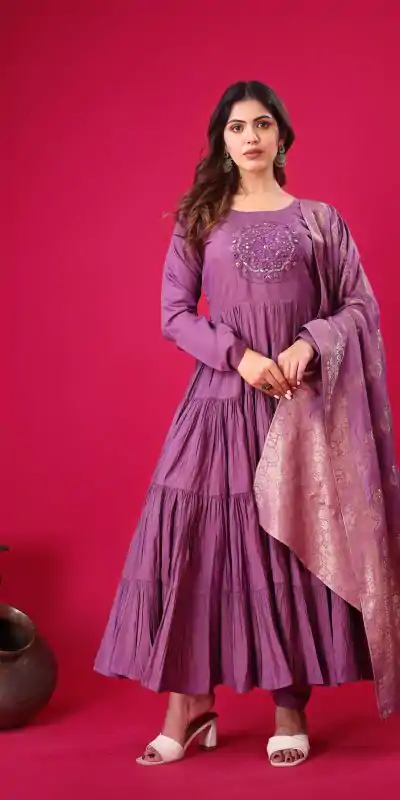 Magical Purple Color Roman Silk With Embroidery Sequence Work Anarkali Gown