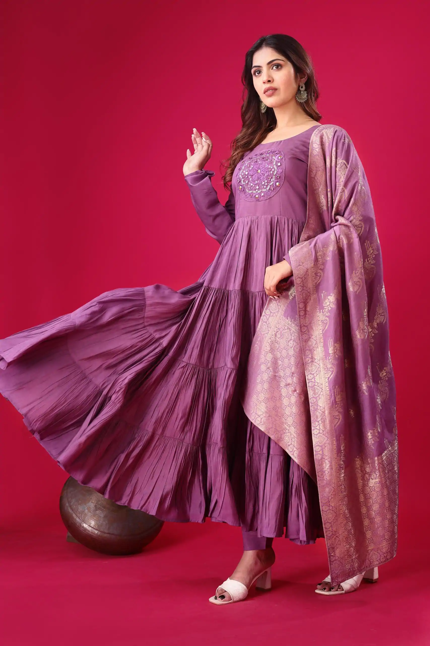 Purple Roman Silk With Embroidery Sequence Work Anarkali Gown - Image 6