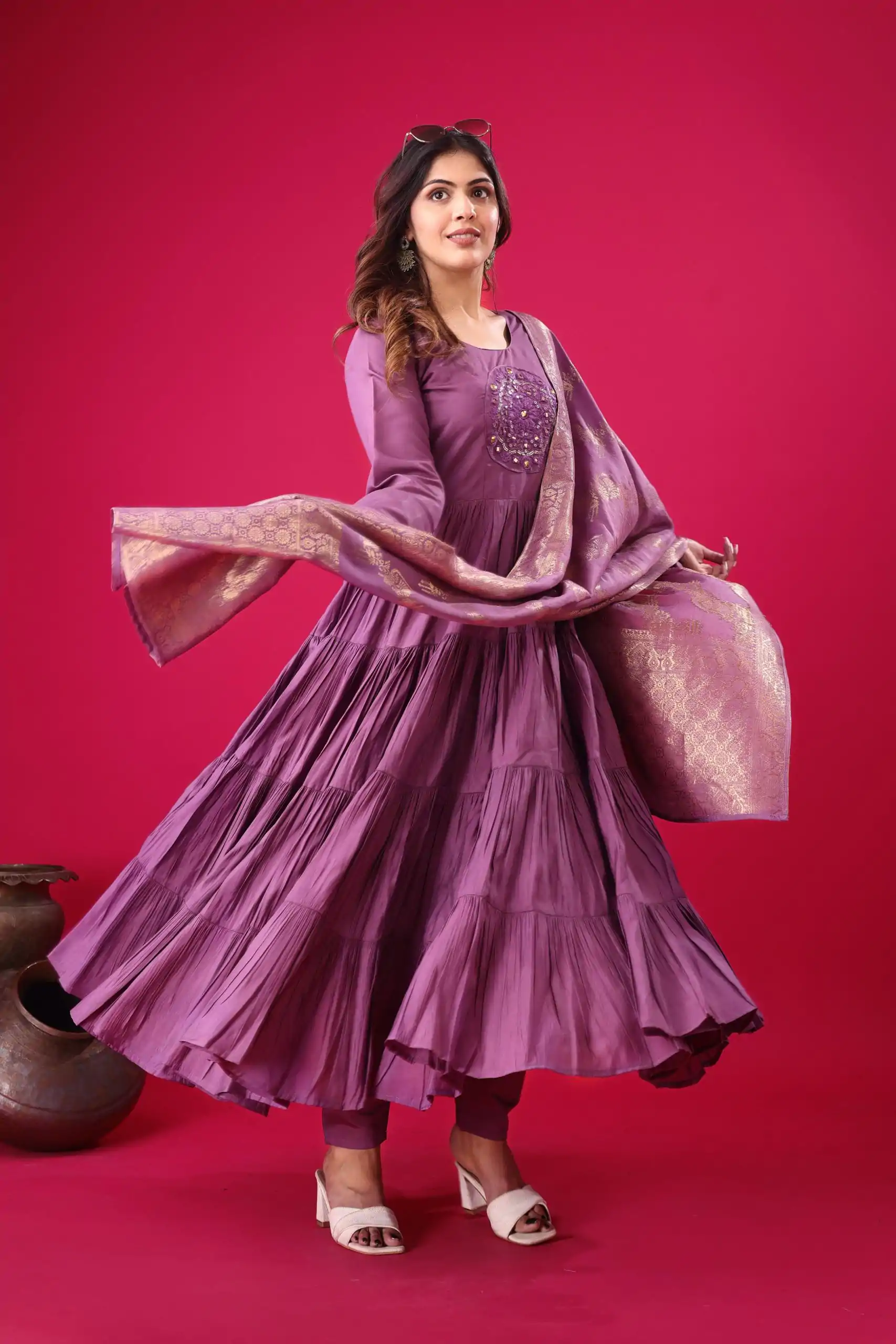 Purple Roman Silk With Embroidery Sequence Work Anarkali Gown - Image 7