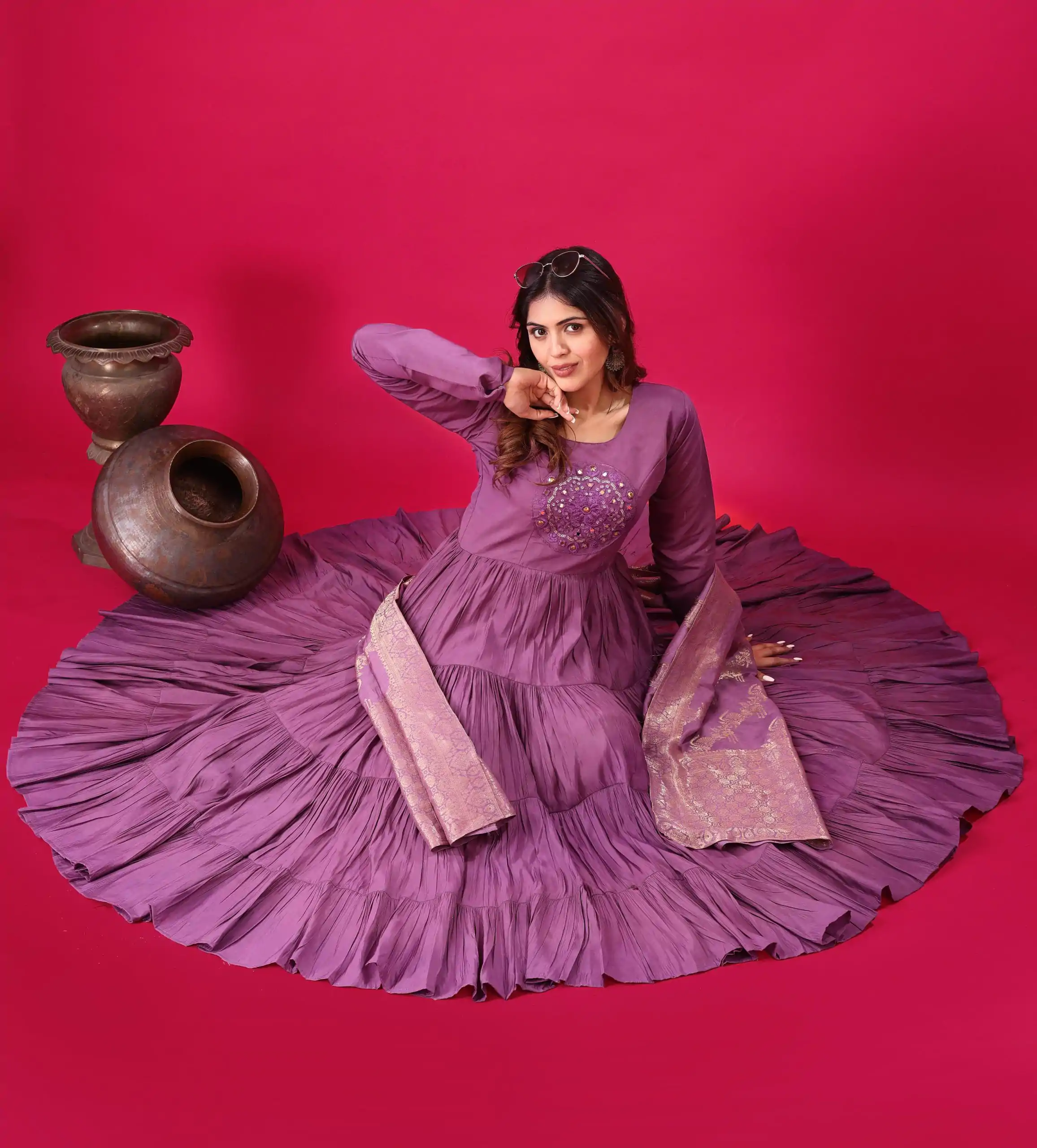 Purple Roman Silk With Embroidery Sequence Work Anarkali Gown - Image 8