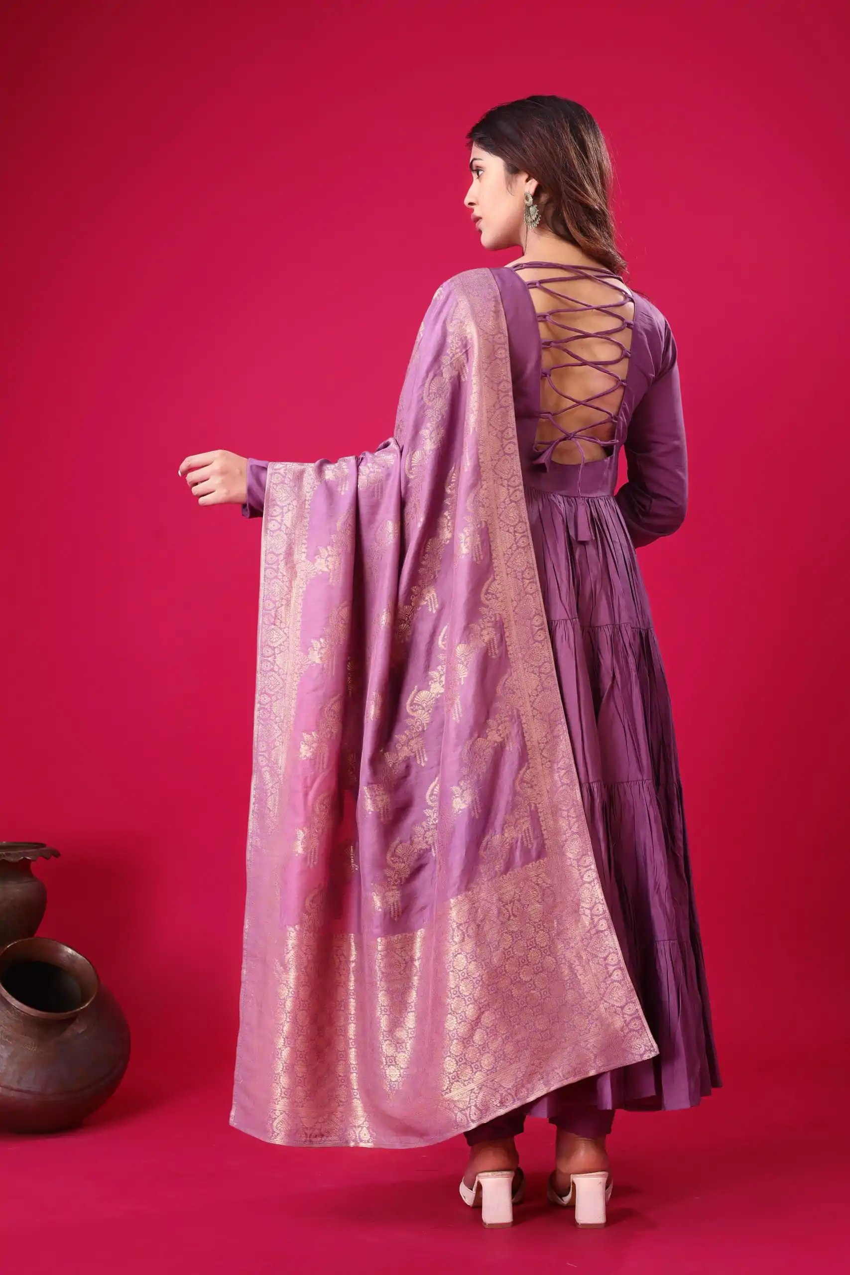 Purple Roman Silk With Embroidery Sequence Work Anarkali Gown - Image 2