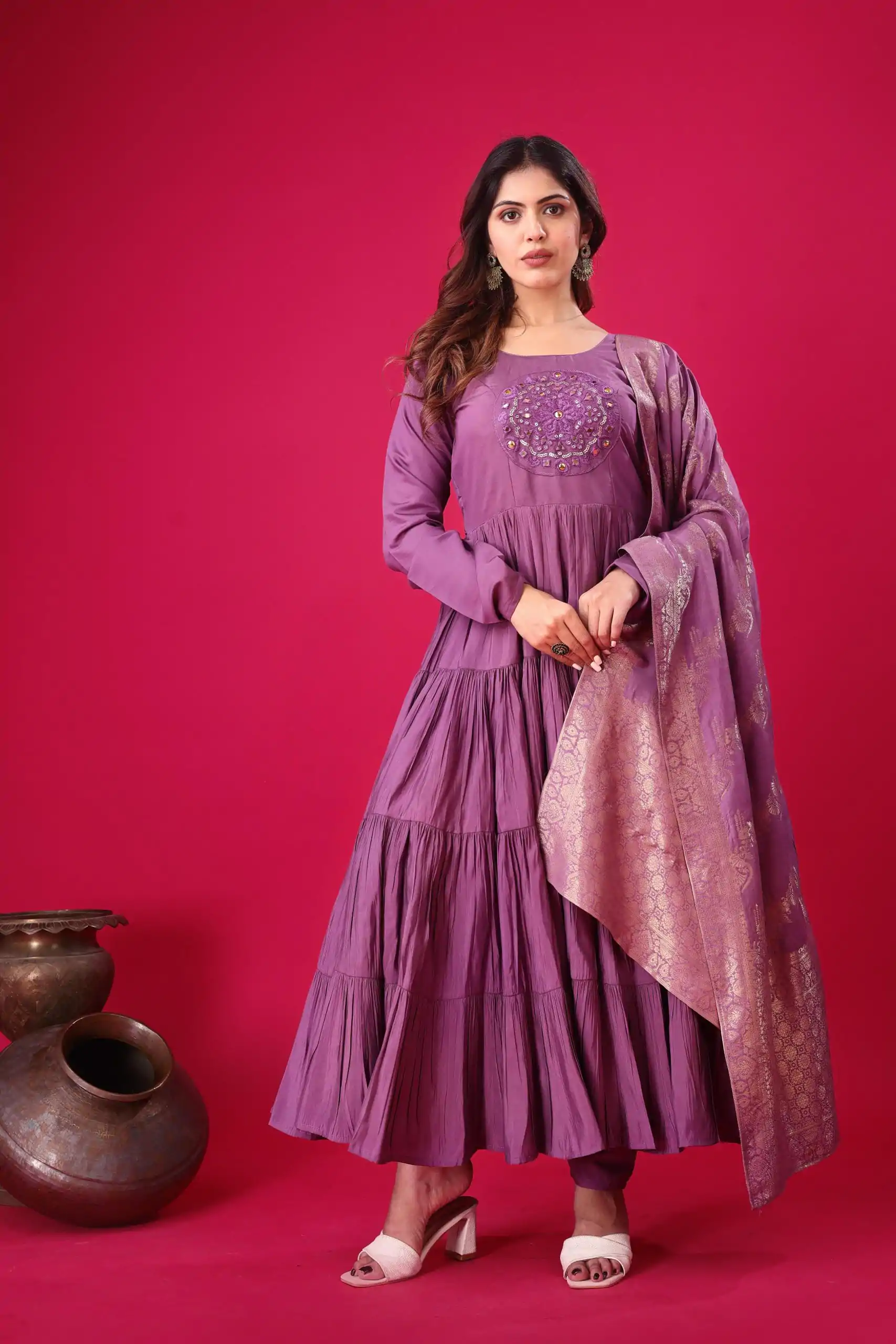 Magical Purple Color Roman Silk With Embroidery Sequence Work Anarkali Gown