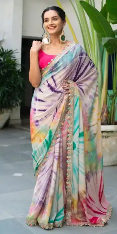 Mixed Multi color Chinon fabric Embroidery Coding Sequins Lace Saree