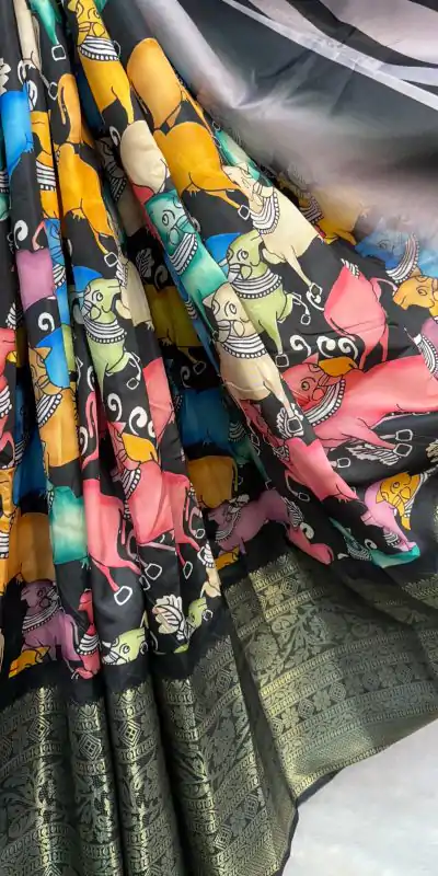 MS Kalamkari Black Color Jacquard Dola Silk With Kalamkari Print Saree Casual, Wedding, Festive, Events . Expected Delivery  4-6 Working Days @1549/- only | Sarees, Bollywood Sarees, Creative Sarees, Designer Sarees, Embroidered Sarees, Ethnic Saree, Modern Digital sarees, Party Wear Sarees