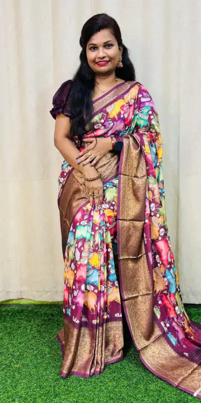 MS Kalamkari Purple Color Jacquard Dola Silk With Kalamkari Print Saree Casual, Wedding, Festive, Events . Expected Delivery  4-6 Working Days @1549/- only | Sarees, Bollywood Sarees, Creative Sarees, Designer Sarees, Embroidered Sarees, Ethnic Saree, Modern Digital sarees, Party Wear Sarees