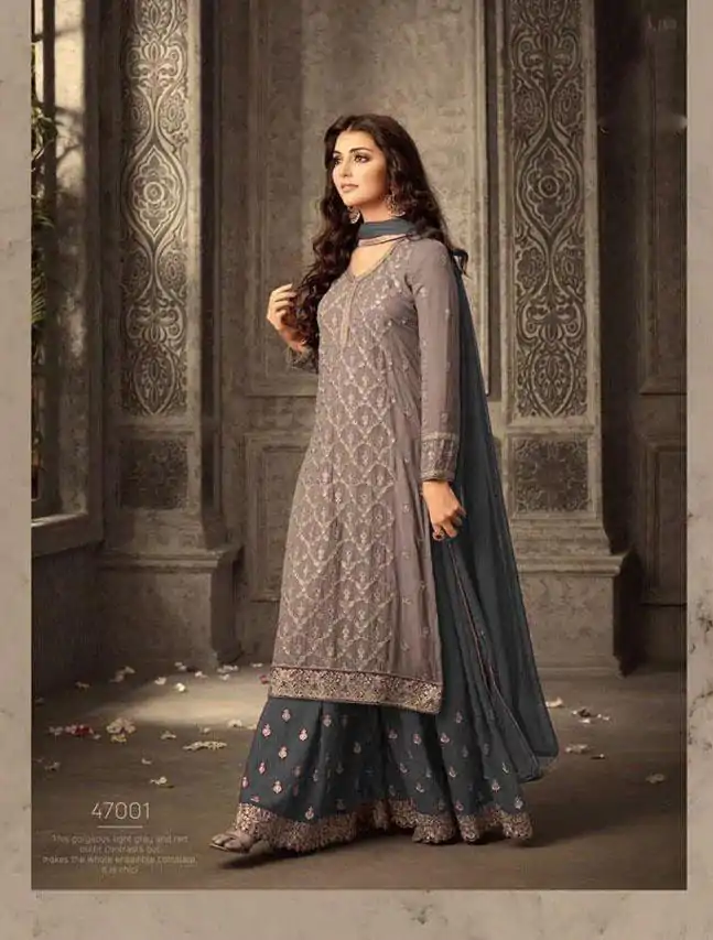 FC 47001 Grey Color Georgette With Embroidery work With Stone Suit Casual, Wedding, Party, Festive, Events Etc.4-6 Working Days@ 1849/-only | Jump Suits, Salwar suit, Casual Suits, Creative suits, Designer Suits, Palazzo Suits, Party Wear Suits, Patiala Suits, Straight Suits