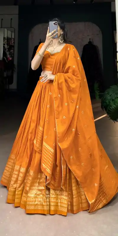 LNB 1906 Orange Color Pure Chanderi Plain With Zari Weaving Work Border Lehenga Choli Wedding, Party, Festive, Events Etc. Delivery 4-6 Working Days Rs 1999 | Lehenga, Bollywood Lehenga, Creative Lehenga, Designer Lehenga, Embroidered Lehenga, Party Wear Lehenga