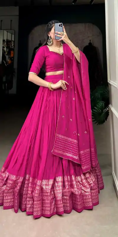 Pretty Pink Color Pure Chanderi Plain With Zari Weaving Work Border Lehenga Choli